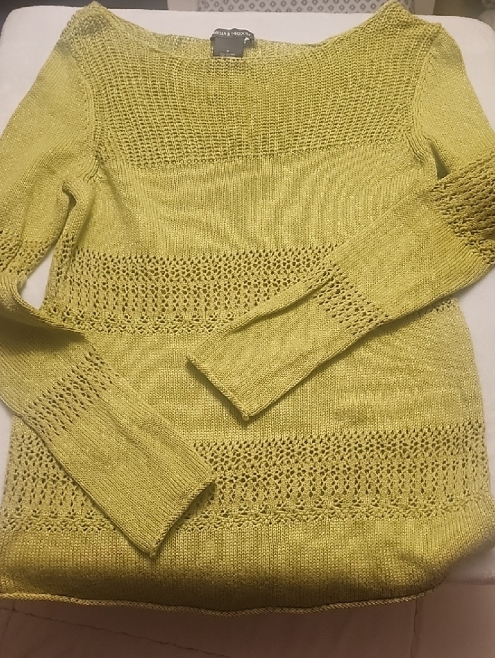 Chelsea & Theodore Lime Openwork Knit Crewneck Sweater